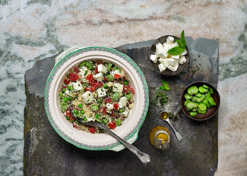 Fettle with Couscous, Broad Beans, Peas, Mint