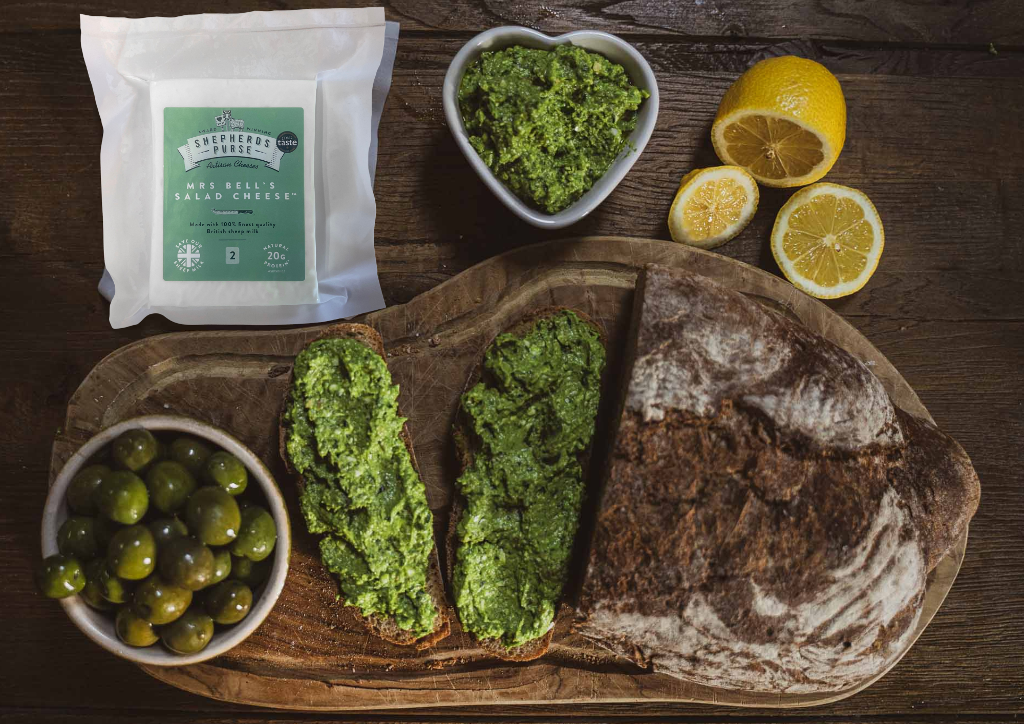 Mrs Bell's Salad Cheese, Olive, Spinach & Lemon Oil Dip