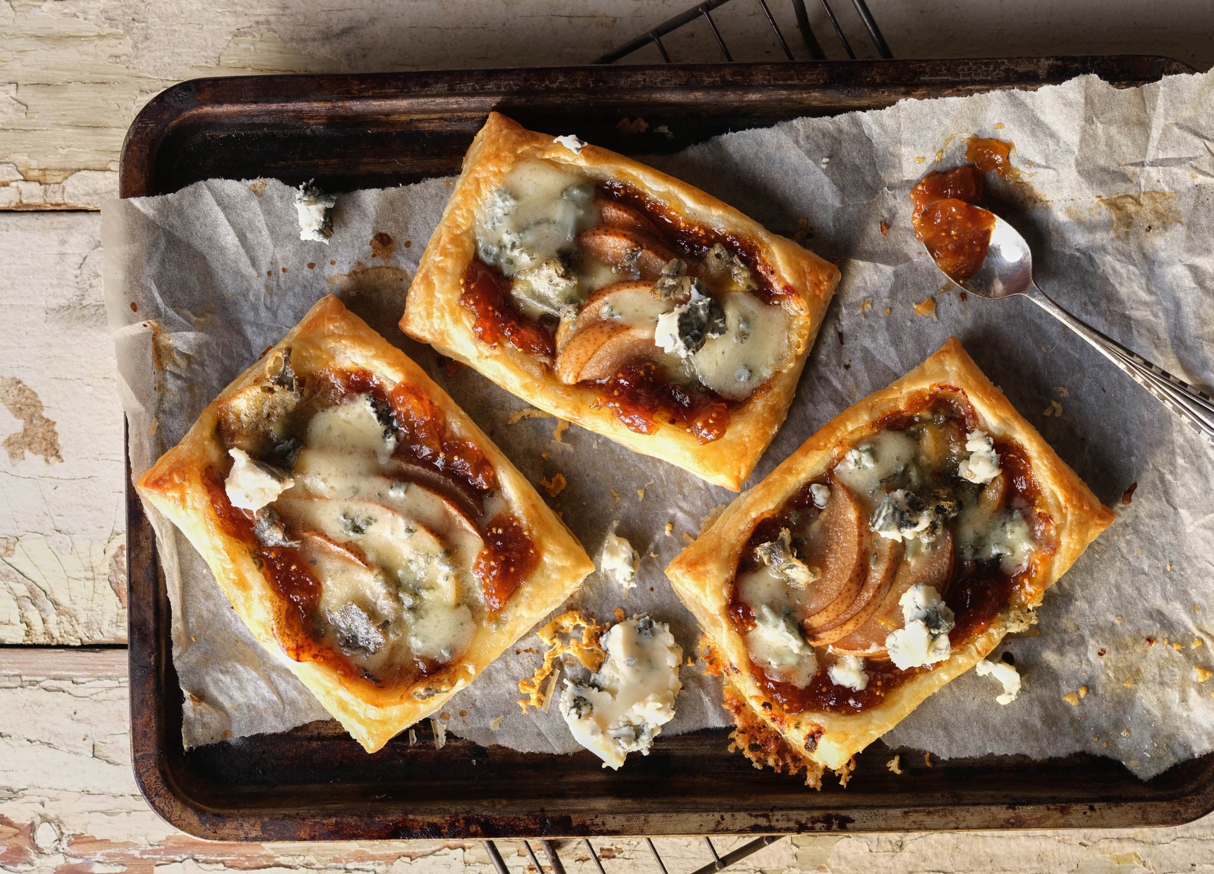 Buffalo Blue Puff Pastry Tartlets With Pears, Fig & Honey Chutney and Chopped Walnuts